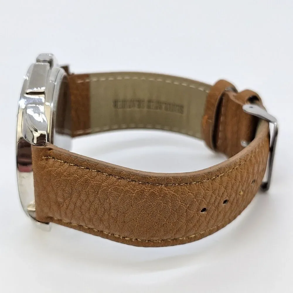 Men's Watch 47MM‎ Blue Dial Brown Faux Leather Bands New Battery